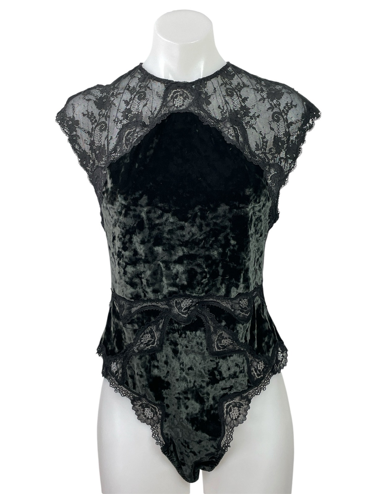 Victoria's Secret Black Floral Lace Velvet Velour Cutout Back Bodysuit Top Sz L